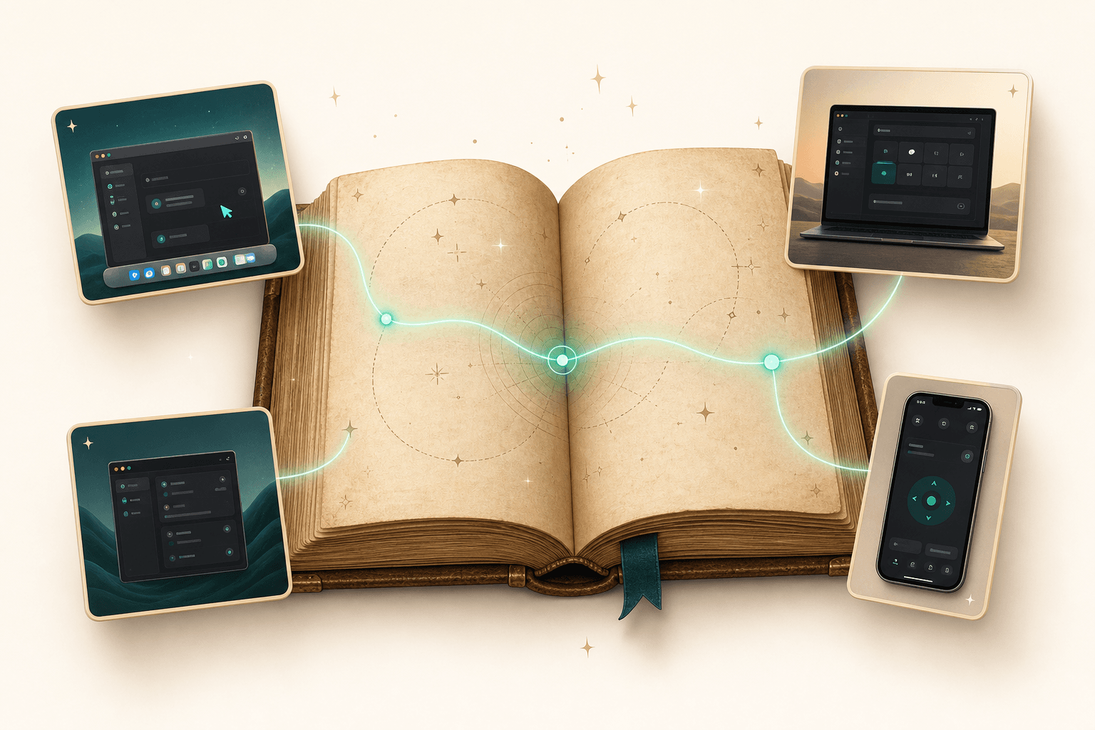 A spellbook-style product scene with desktop and iPhone app previews connected by a glowing direct path.